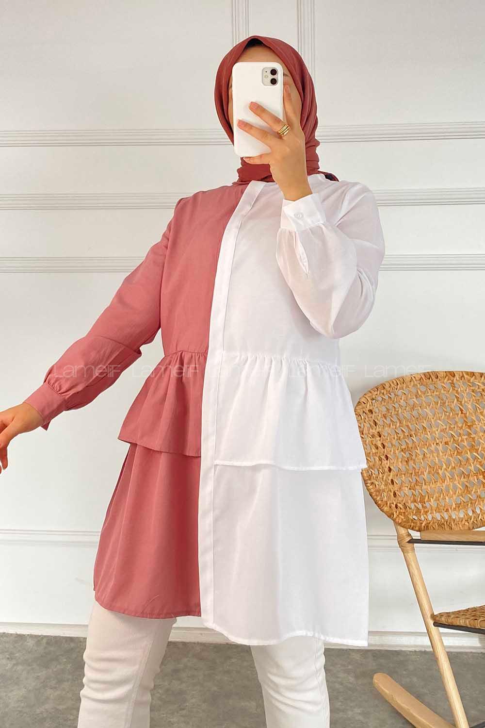 Modalamelif Renk Garnili Beli Fırfır Detaylı Tunik Gömlek Beyaz-Gül