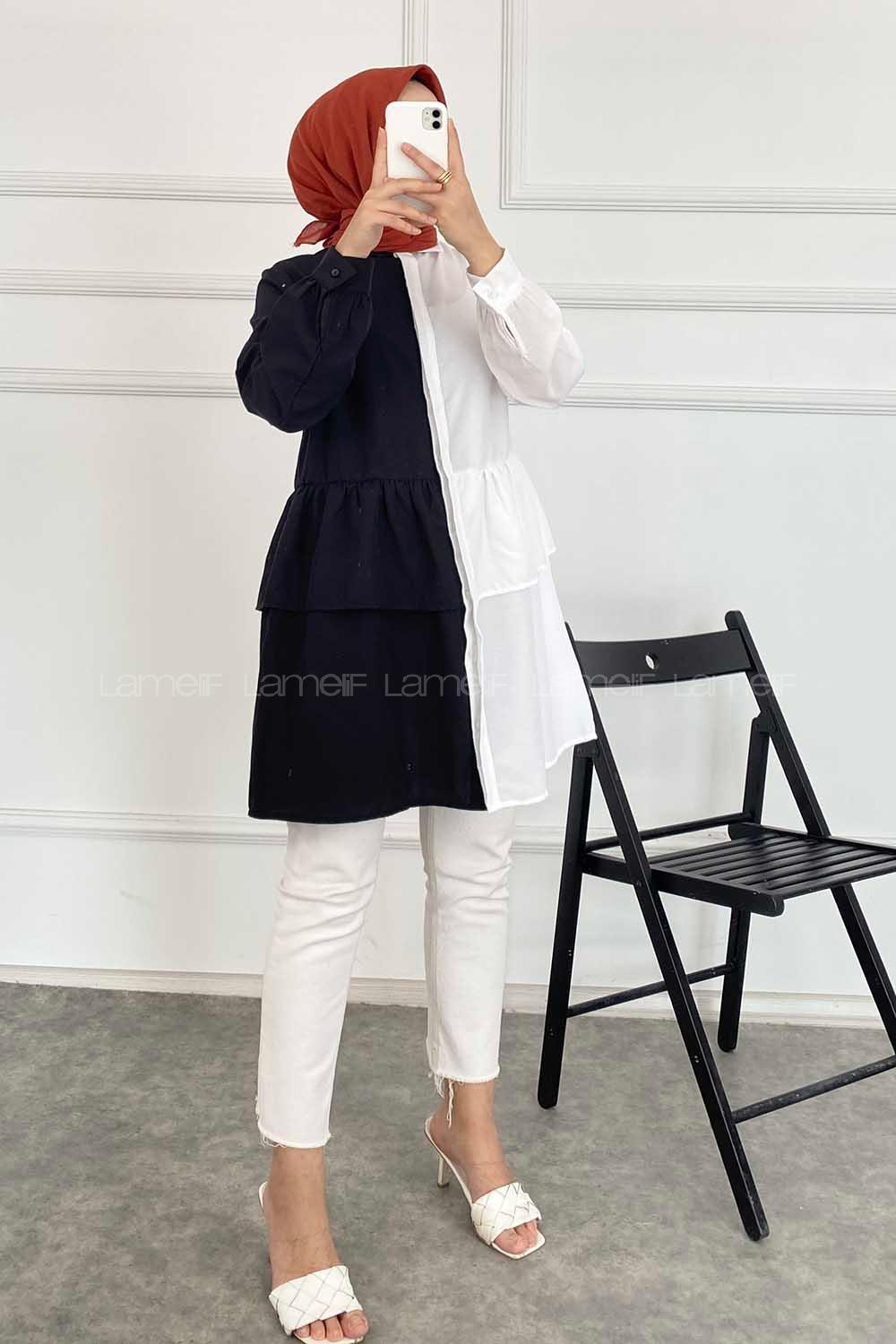 Modalamelif Renk Garnili Beli Fırfır Detaylı Tunik Gömlek Beyaz-Siyah