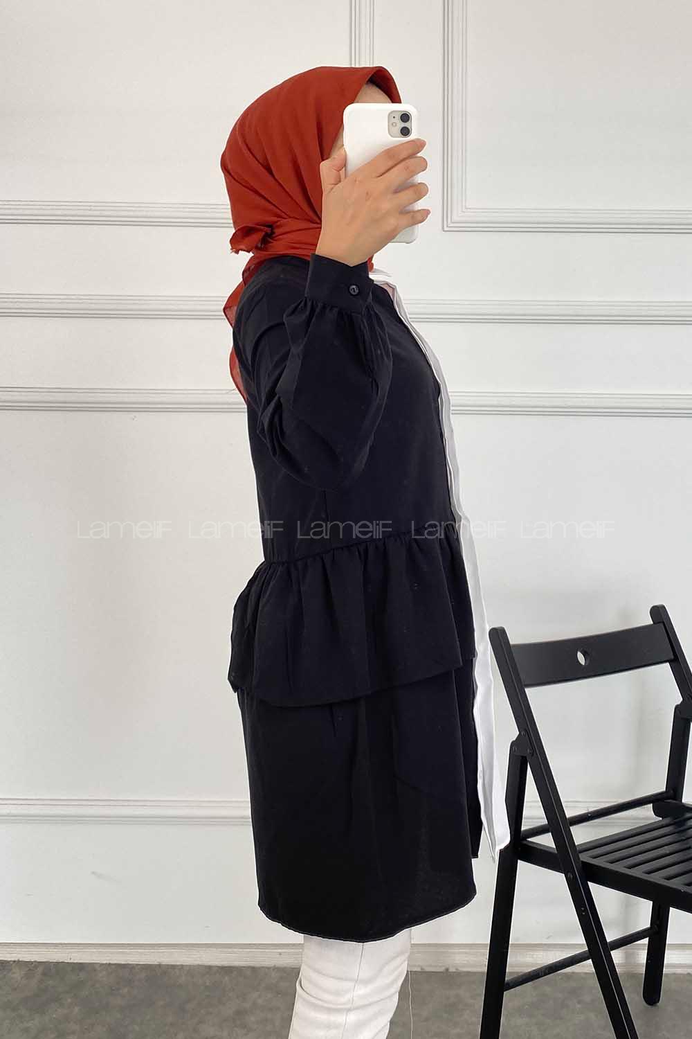 Modalamelif Renk Garnili Beli Fırfır Detaylı Tunik Gömlek Beyaz-Siyah