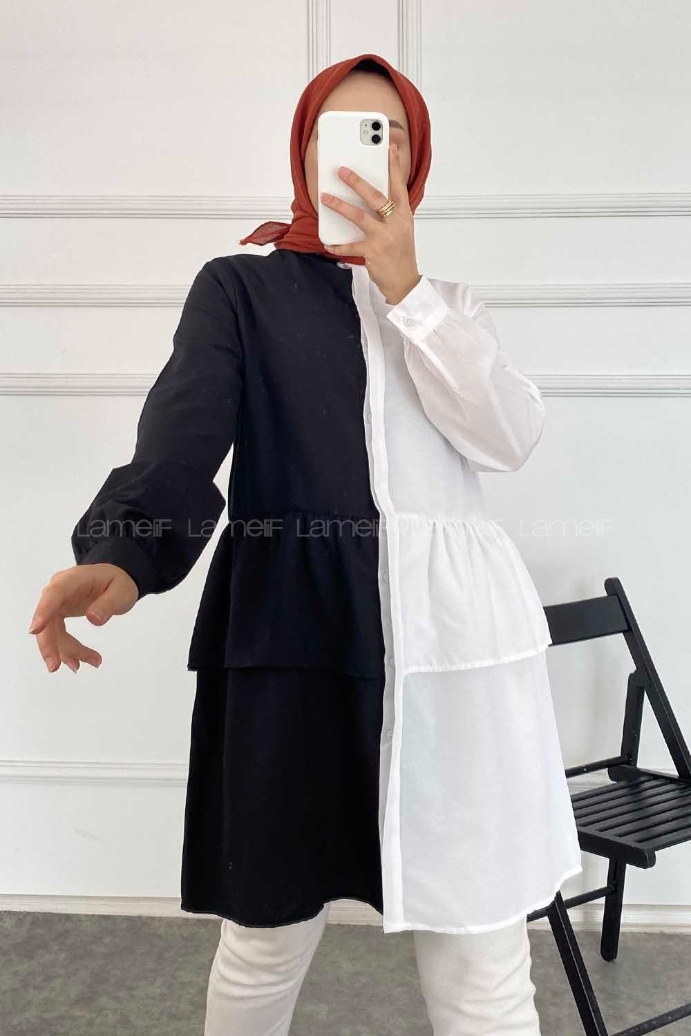 Modalamelif Renk Garnili Beli Fırfır Detaylı Tunik Gömlek Beyaz-Siyah