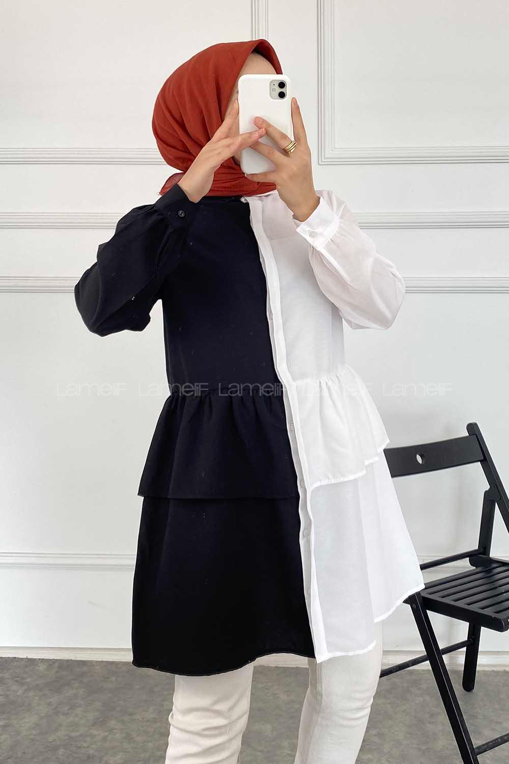 Modalamelif Renk Garnili Beli Fırfır Detaylı Tunik Gömlek Beyaz-Siyah