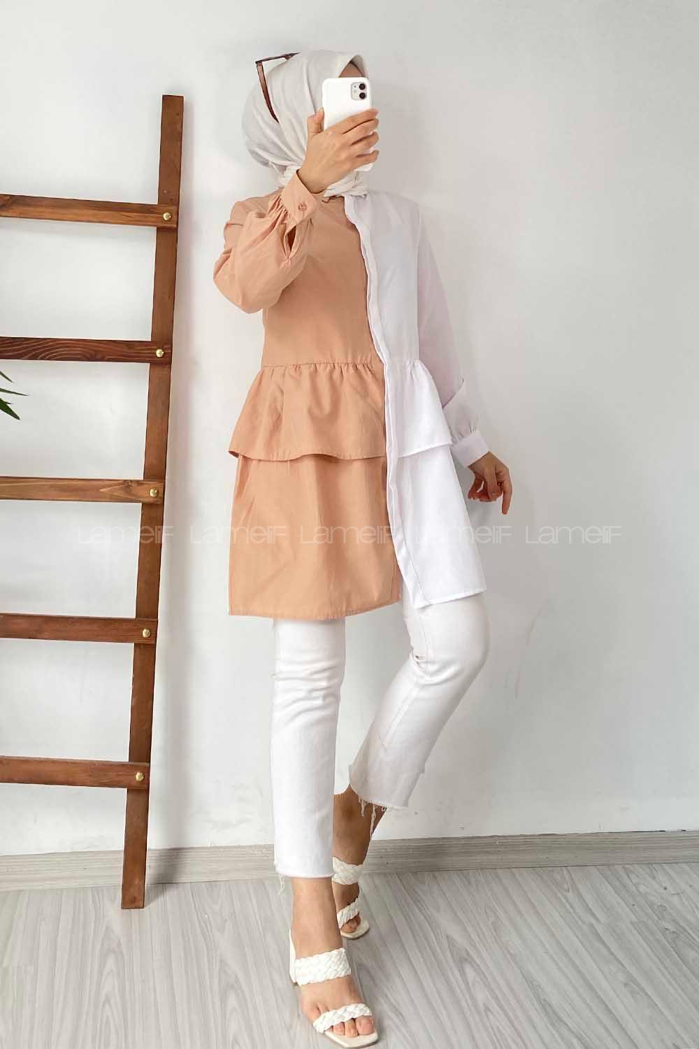 Modalamelif Renk Garnili Beli Fırfır Detaylı Tunik Gömlek Beyaz-Sütlü Kahve