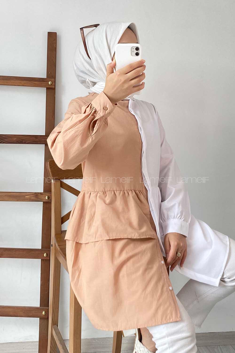 Modalamelif Renk Garnili Beli Fırfır Detaylı Tunik Gömlek Beyaz-Sütlü Kahve