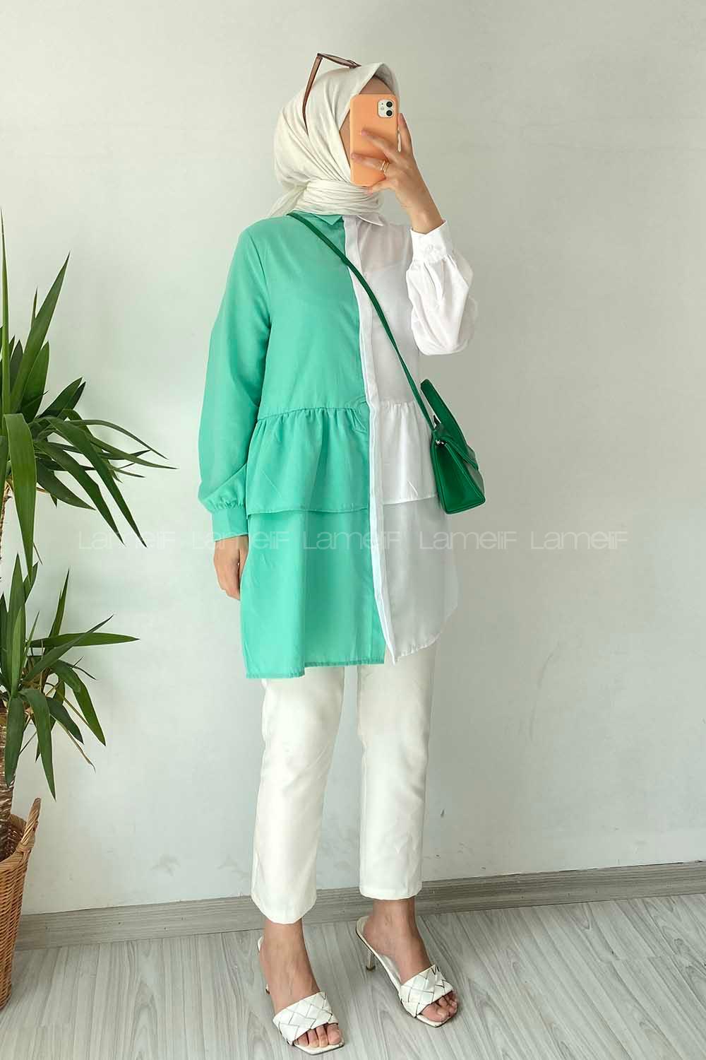 Modalamelif Renk Garnili Beli Fırfır Detaylı Tunik Gömlek Beyaz-Yeşil