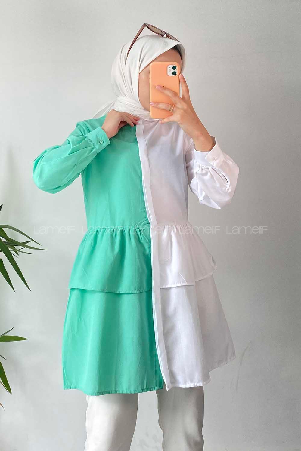 Modalamelif Renk Garnili Beli Fırfır Detaylı Tunik Gömlek Beyaz-Yeşil