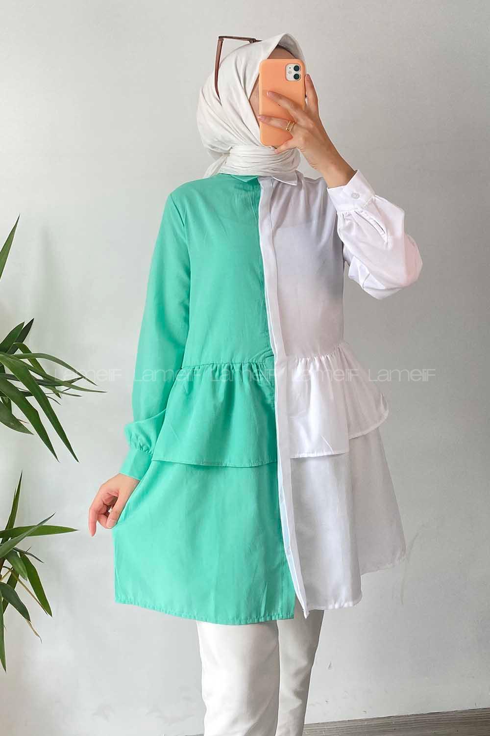 Modalamelif Renk Garnili Beli Fırfır Detaylı Tunik Gömlek Beyaz-Yeşil