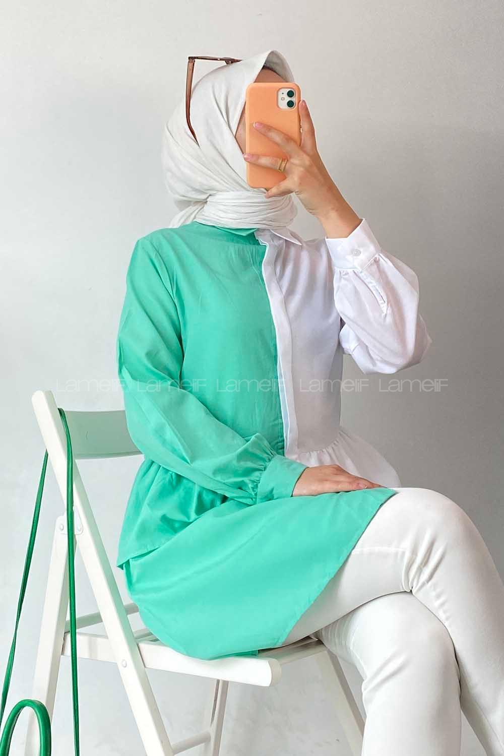 Modalamelif Renk Garnili Beli Fırfır Detaylı Tunik Gömlek Beyaz-Yeşil