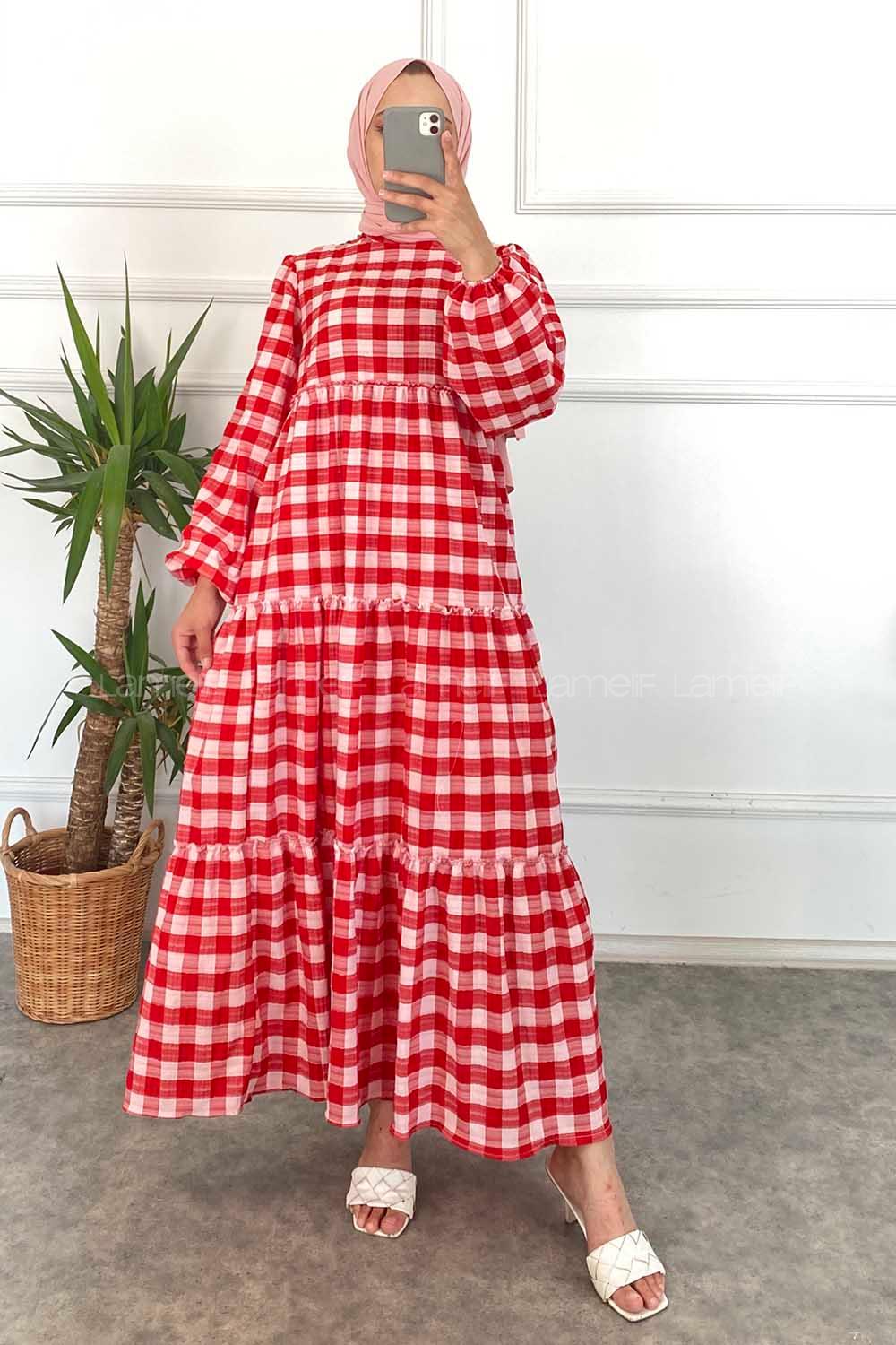 Modalamelif Balon Kol Beli Fırfırlı Gofre Ekose Elbise Kırmızı