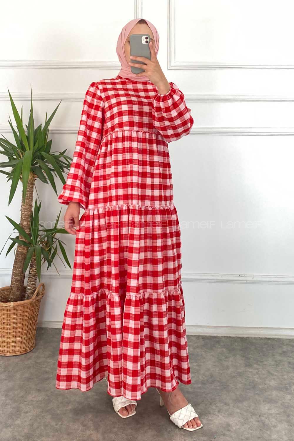 Modalamelif Balon Kol Beli Fırfırlı Gofre Ekose Elbise Kırmızı