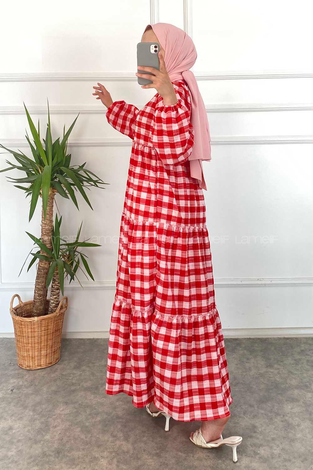 Modalamelif Balon Kol Beli Fırfırlı Gofre Ekose Elbise Kırmızı