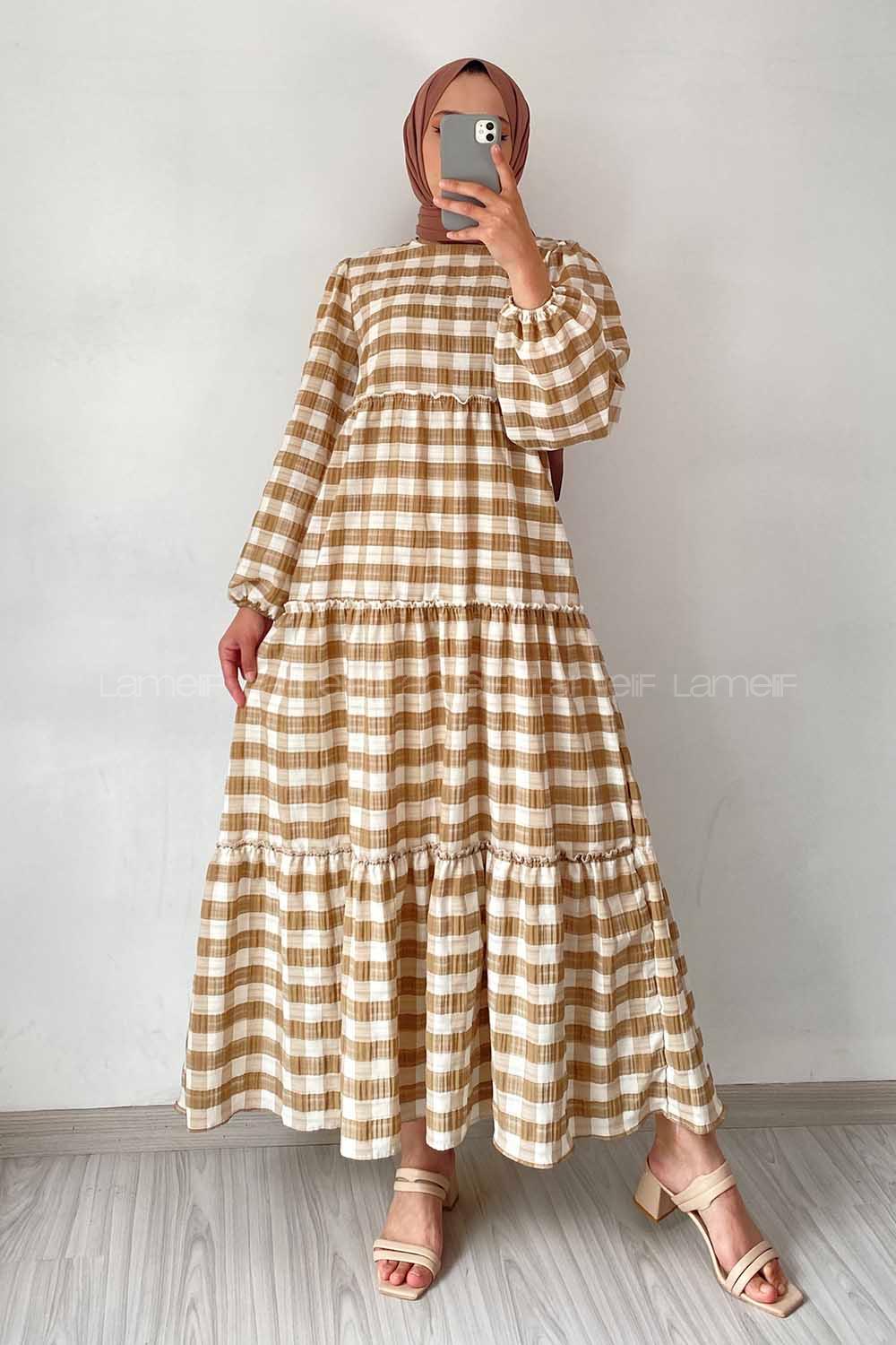 Modalamelif Balon Kol Beli Fırfırlı Gofre Ekose Elbise Sütlü Kahve