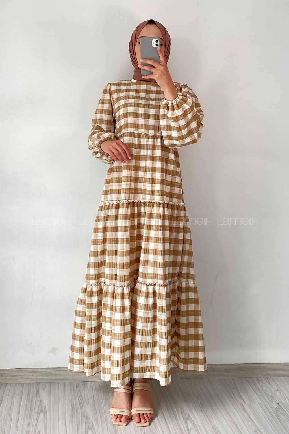 Modalamelif Balon Kol Beli Fırfırlı Gofre Ekose Elbise Sütlü Kahve