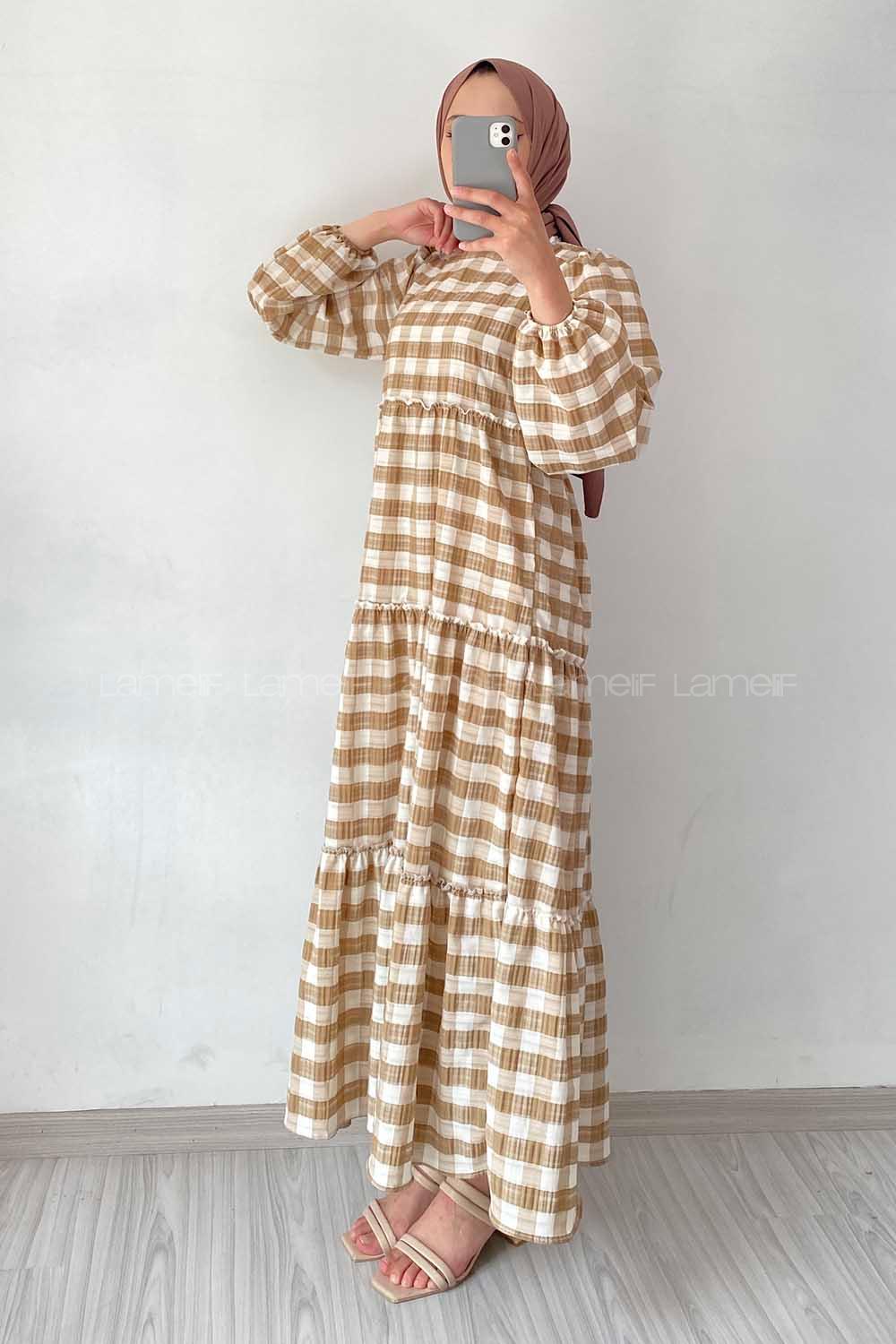 Modalamelif Balon Kol Beli Fırfırlı Gofre Ekose Elbise Sütlü Kahve