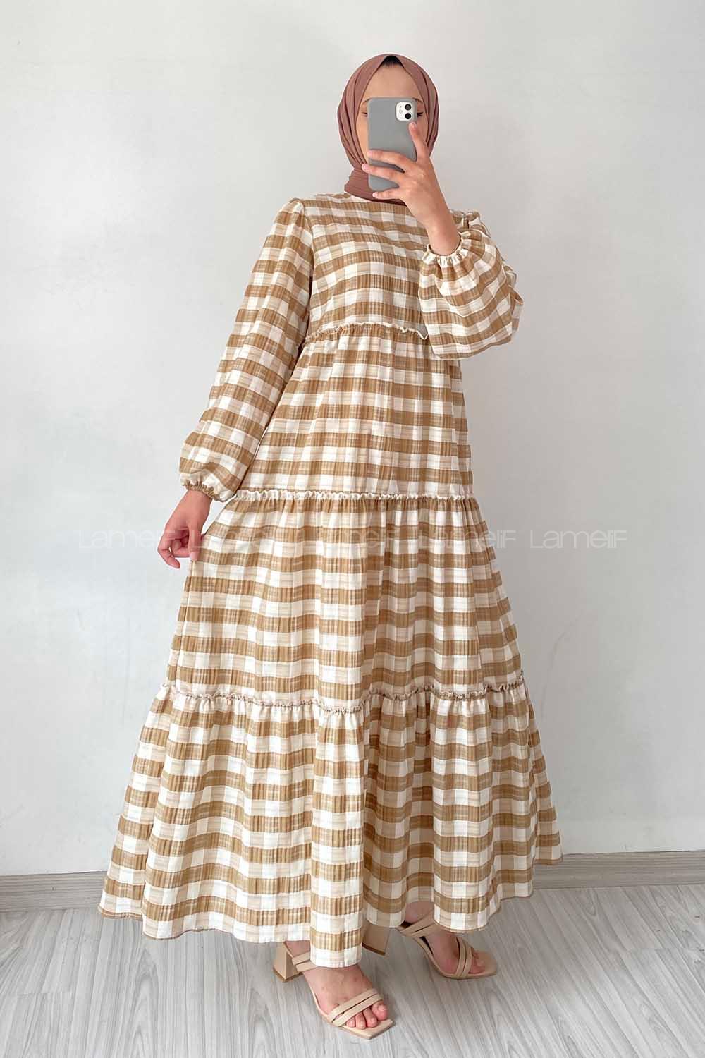 Modalamelif Balon Kol Beli Fırfırlı Gofre Ekose Elbise Sütlü Kahve