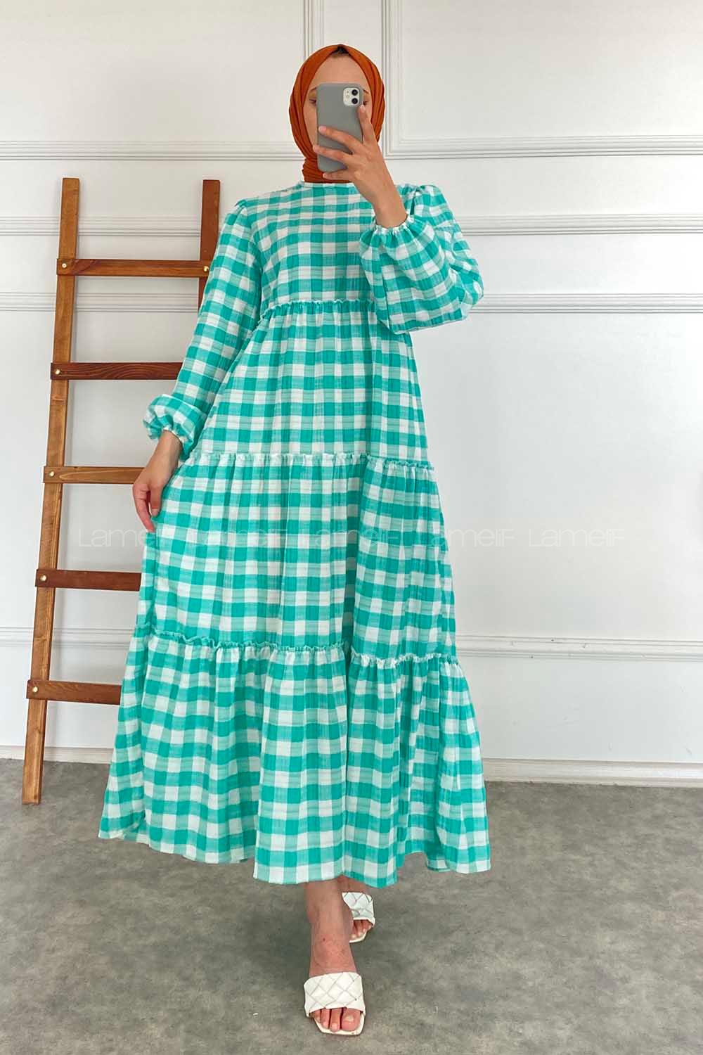 Modalamelif Balon Kol Beli Fırfırlı Gofre Ekose Elbise Yeşil