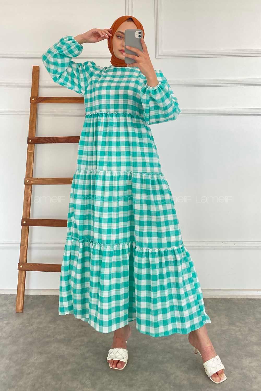 Modalamelif Balon Kol Beli Fırfırlı Gofre Ekose Elbise Yeşil