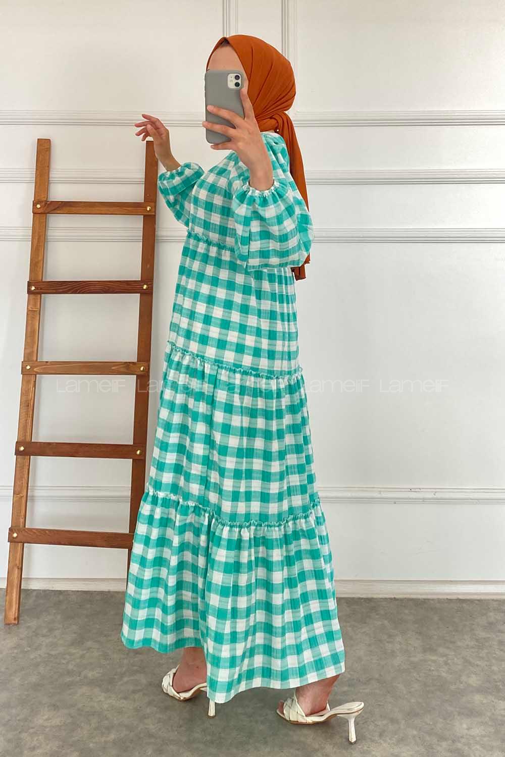 Modalamelif Balon Kol Beli Fırfırlı Gofre Ekose Elbise Yeşil