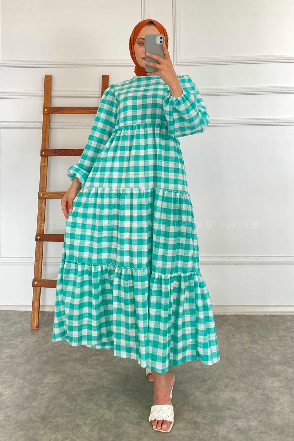 Modalamelif Balon Kol Beli Fırfırlı Gofre Ekose Elbise Yeşil