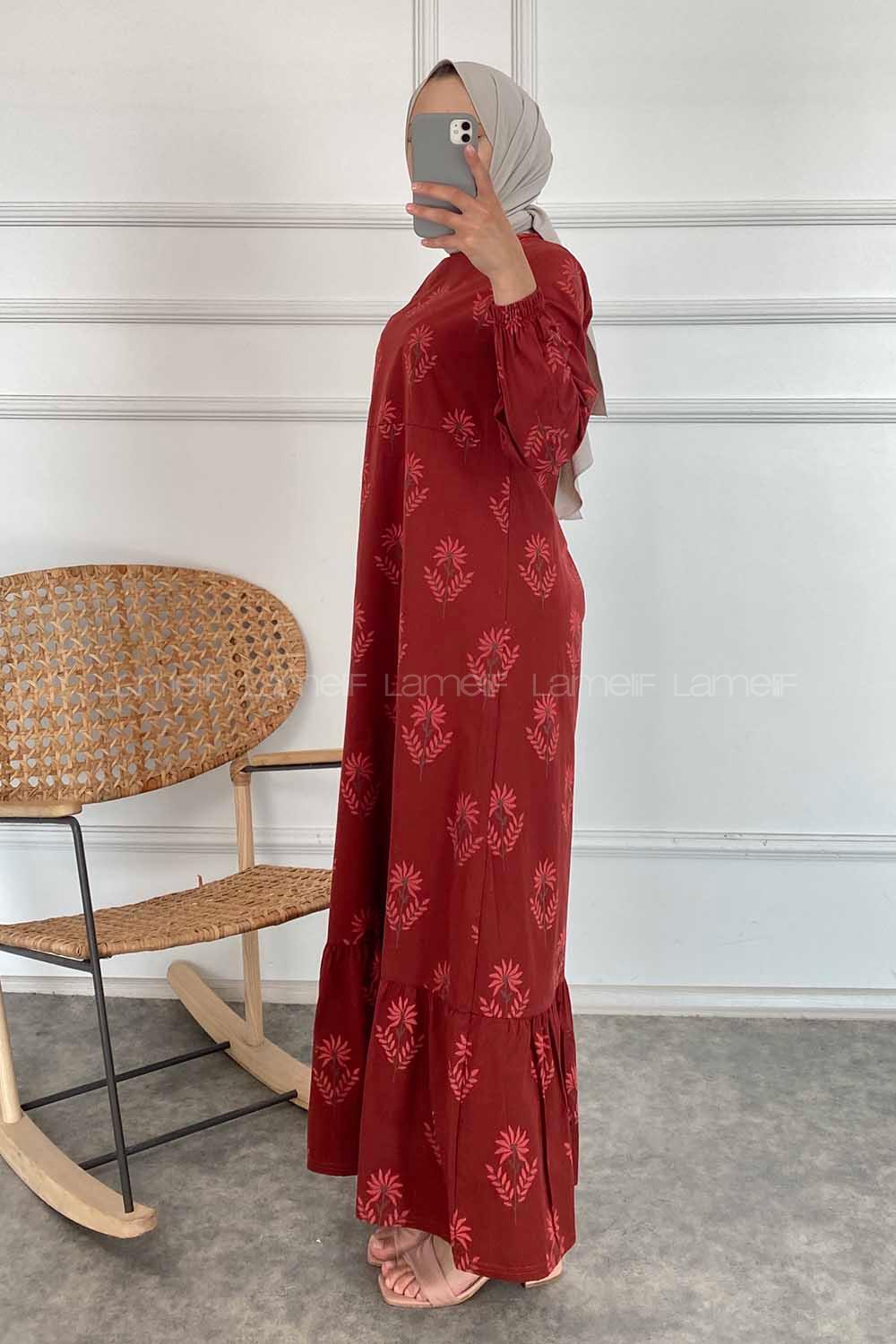 Modalamelif Bisiklet Yaka Çiçek Motifli Elbise Koyu Kiremit