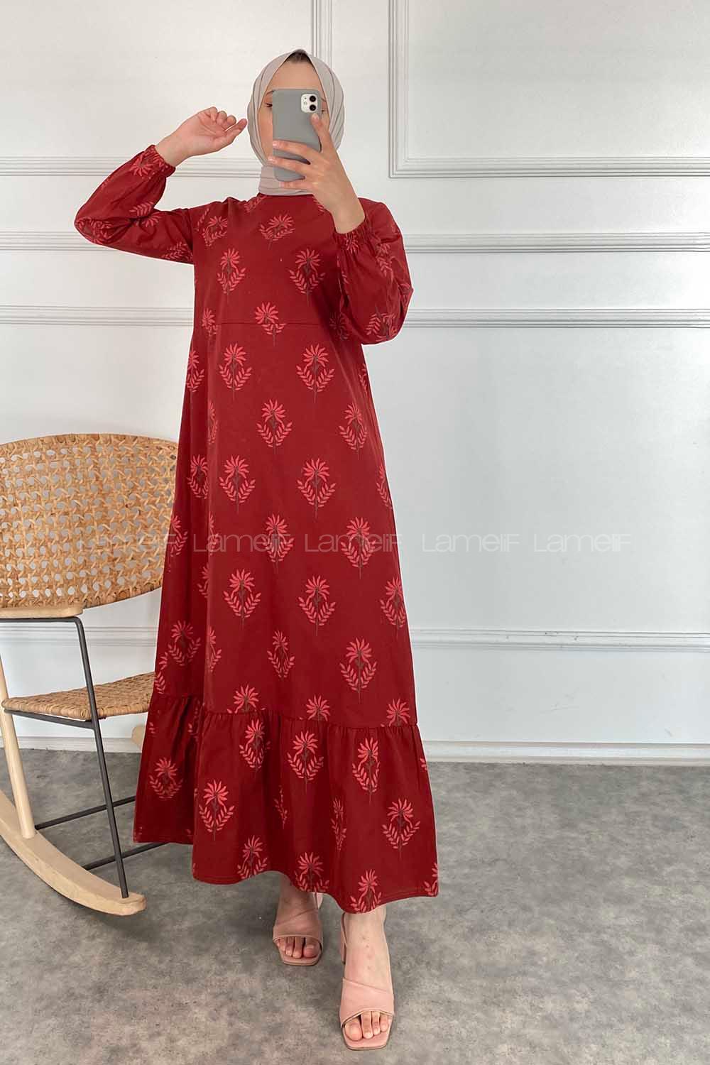 Modalamelif Bisiklet Yaka Çiçek Motifli Elbise Koyu Kiremit