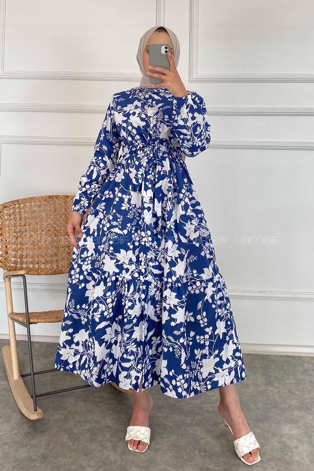 Modalamelif Çiçek Desen Elbise İndigo
