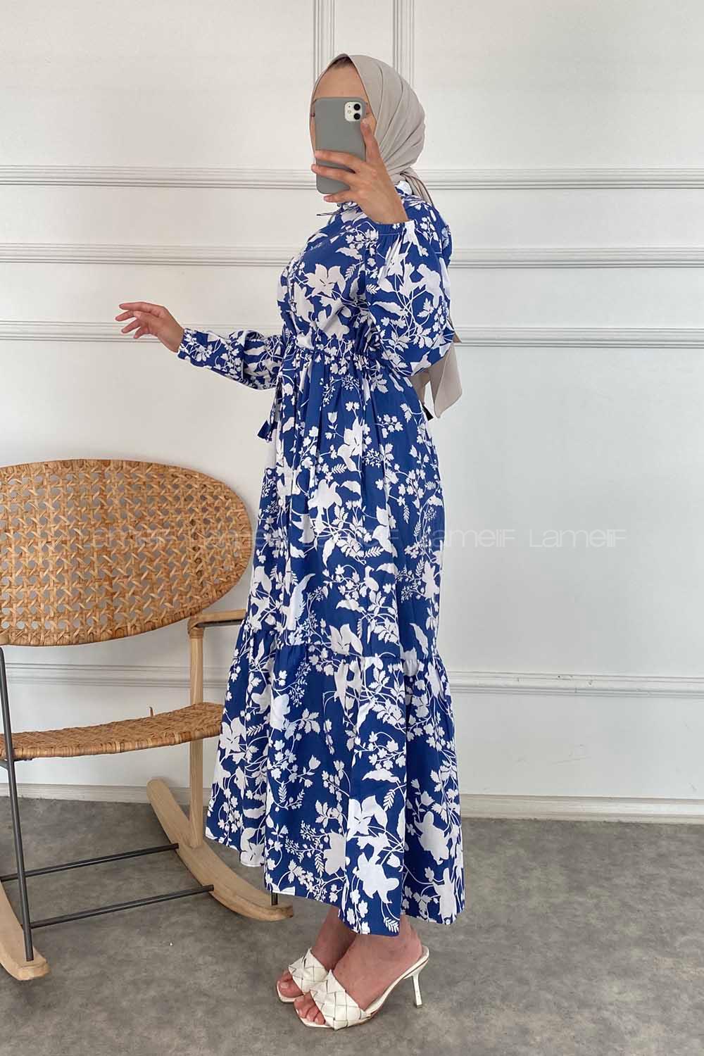 Modalamelif Çiçek Desen Elbise İndigo