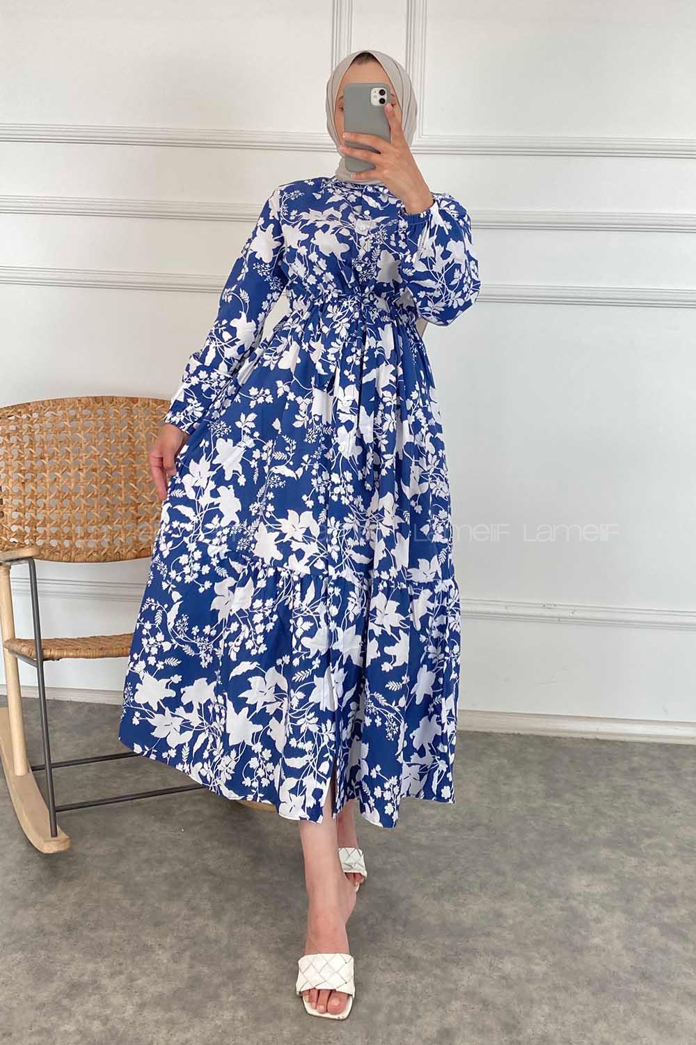 Modalamelif Çiçek Desen Elbise İndigo