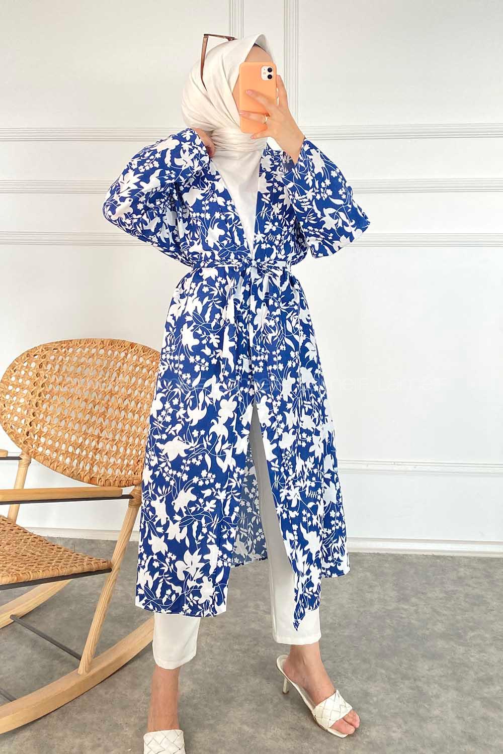 Modalamelif Çiçek Desenli Kuşak Bağlamalı Kimono İndigo