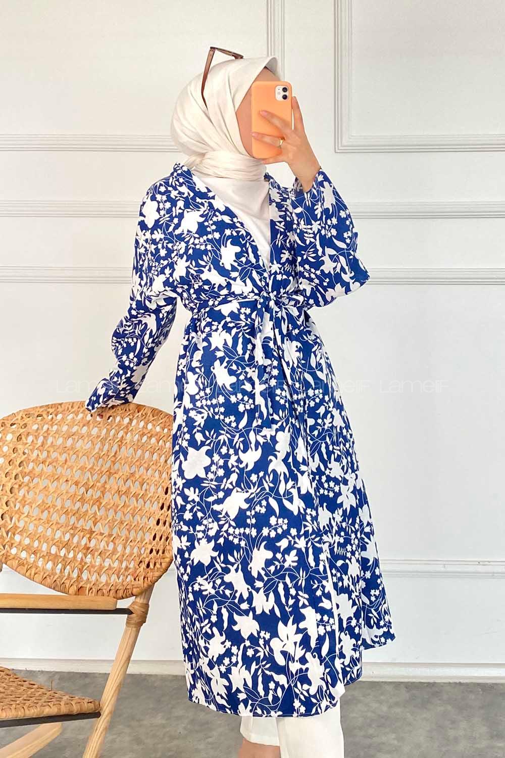 Modalamelif Çiçek Desenli Kuşak Bağlamalı Kimono İndigo