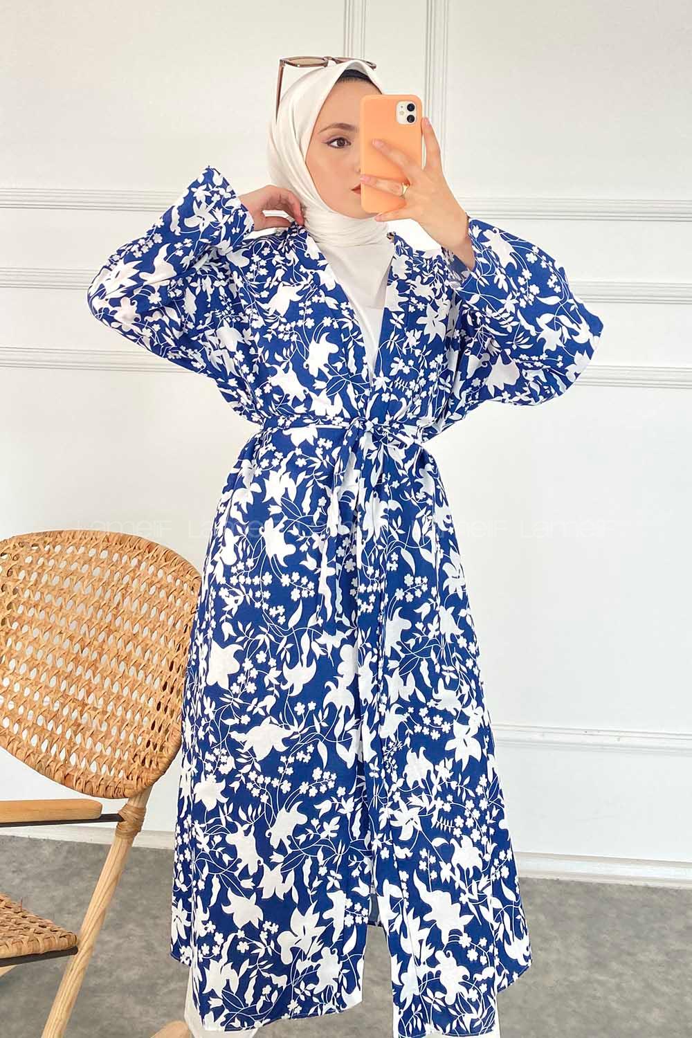 Modalamelif Çiçek Desenli Kuşak Bağlamalı Kimono İndigo