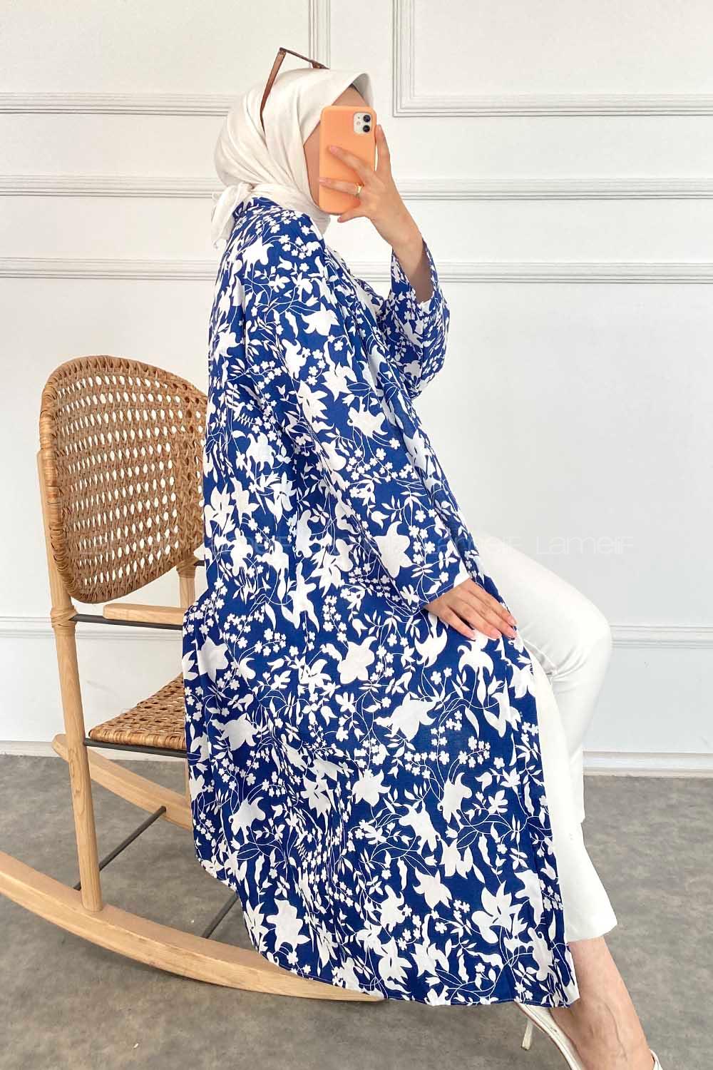 Modalamelif Çiçek Desenli Kuşak Bağlamalı Kimono İndigo