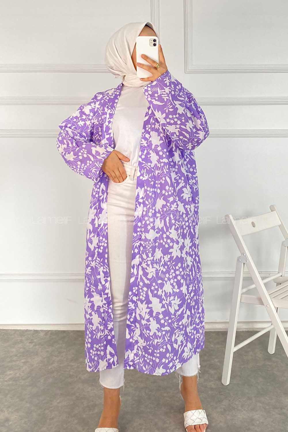 Modalamelif Çiçek Desenli Kuşak Bağlamalı Kimono Lila
