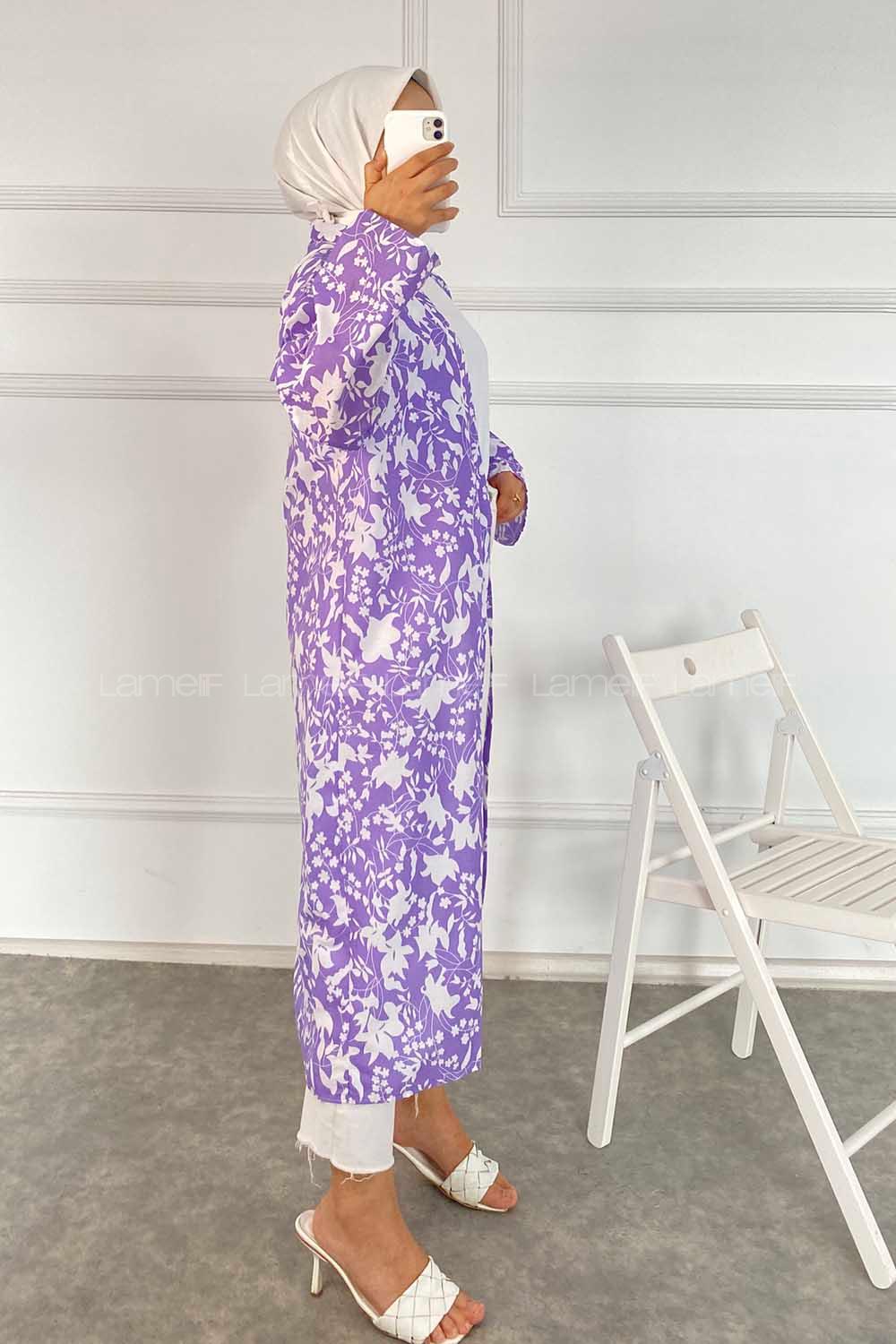 Modalamelif Çiçek Desenli Kuşak Bağlamalı Kimono Lila