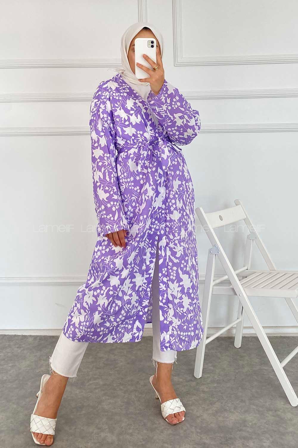 Modalamelif Çiçek Desenli Kuşak Bağlamalı Kimono Lila