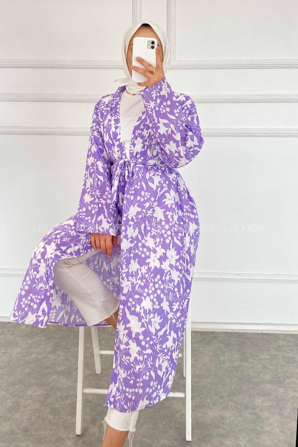 Modalamelif Çiçek Desenli Kuşak Bağlamalı Kimono Lila