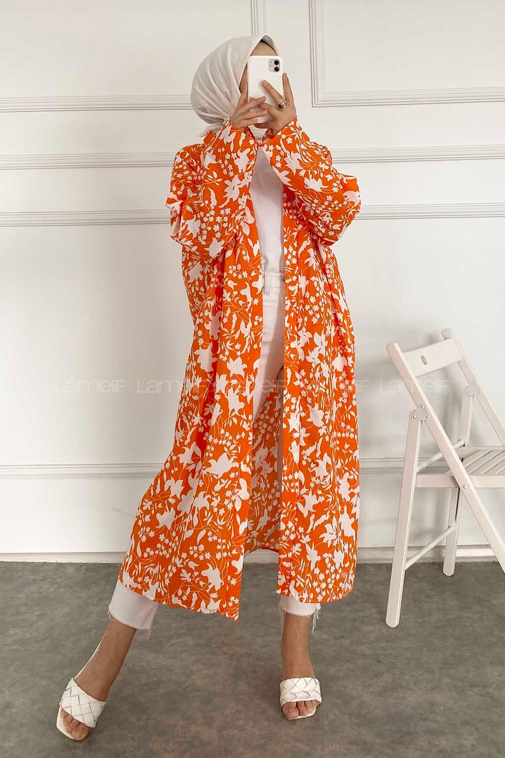 Modalamelif Çiçek Desenli Kuşak Bağlamalı Kimono Oranj