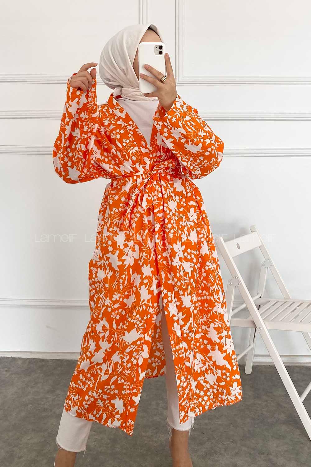 Modalamelif Çiçek Desenli Kuşak Bağlamalı Kimono Oranj