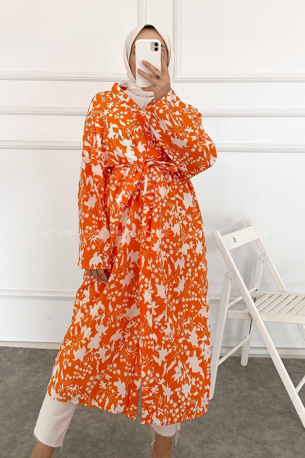 Modalamelif Çiçek Desenli Kuşak Bağlamalı Kimono Oranj