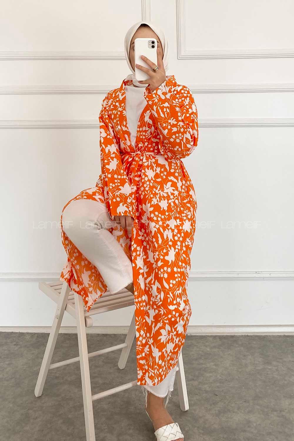 Modalamelif Çiçek Desenli Kuşak Bağlamalı Kimono Oranj