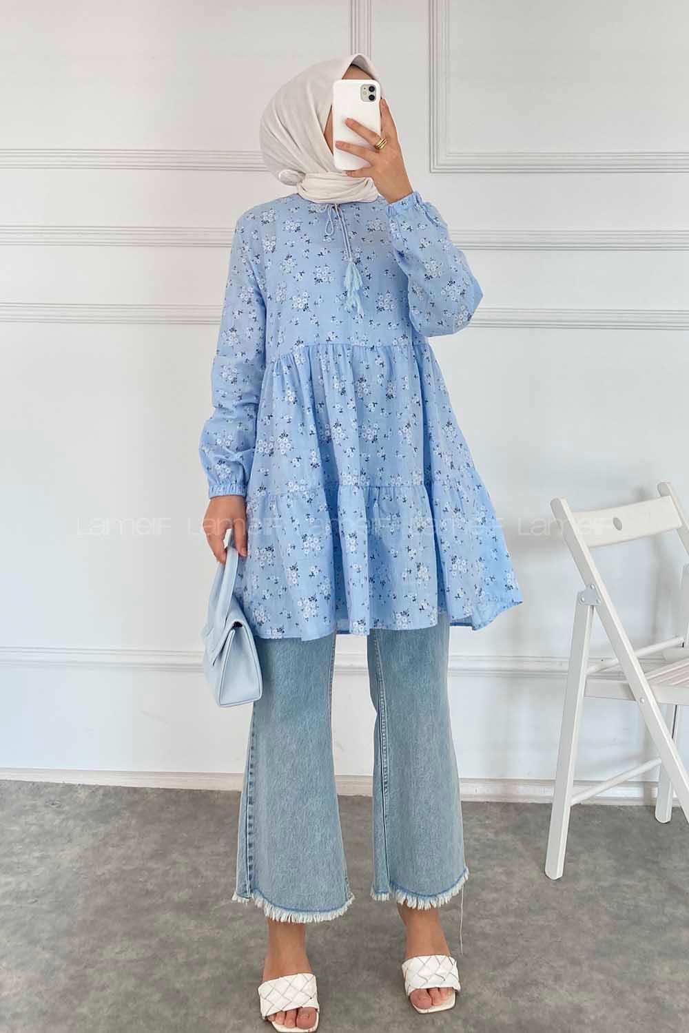 Modalamelif Çiçek Desenli Yaka Bağlamalı Tunik Açık Mavi