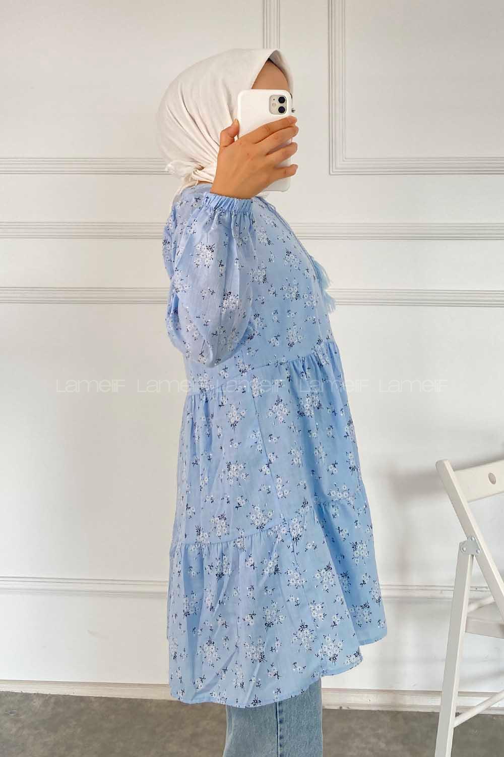 Modalamelif Çiçek Desenli Yaka Bağlamalı Tunik Açık Mavi