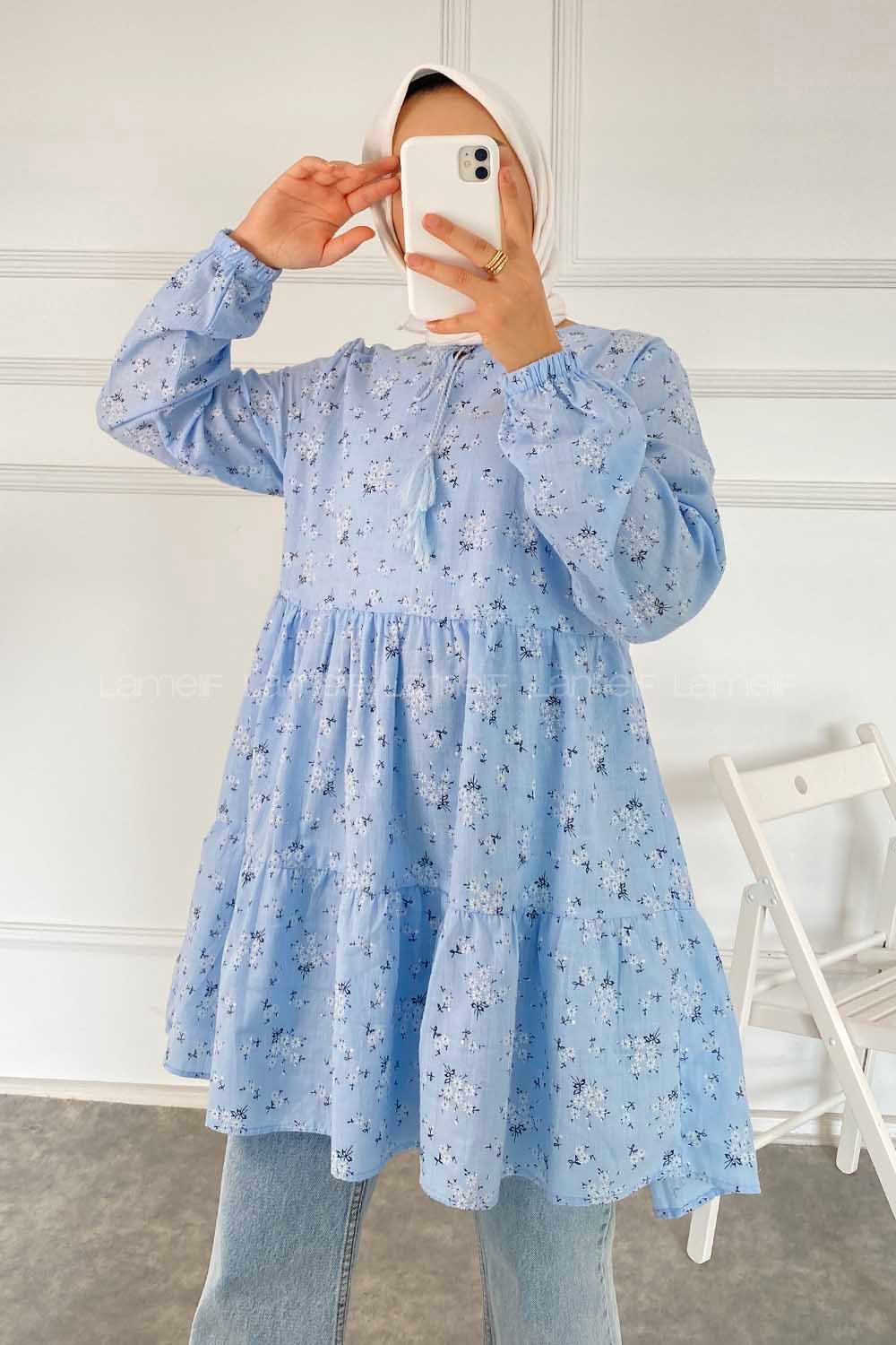 Modalamelif Çiçek Desenli Yaka Bağlamalı Tunik Açık Mavi