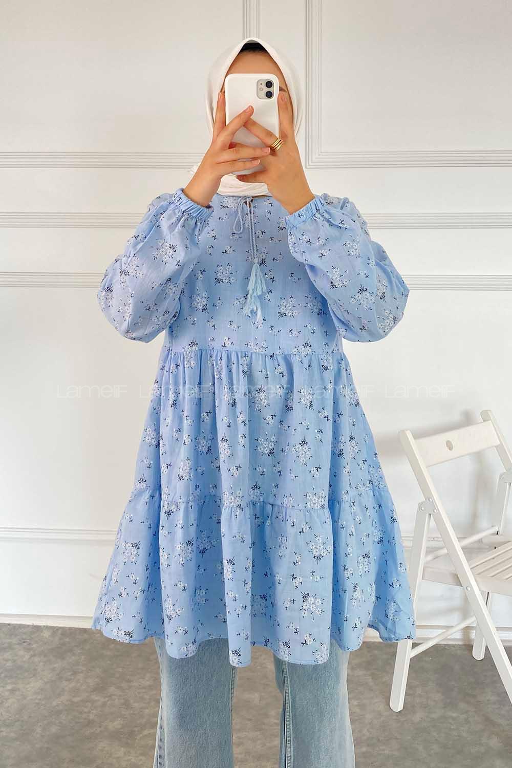 Modalamelif Çiçek Desenli Yaka Bağlamalı Tunik Açık Mavi