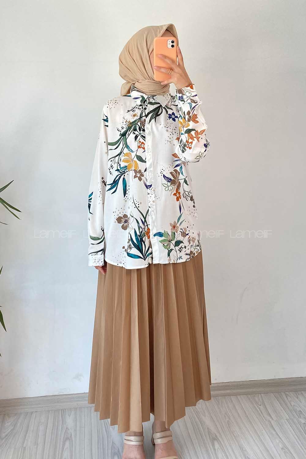 Modalamelif Çiçek Motifli Önü Boydan Düğmeli Gömlek Ekru