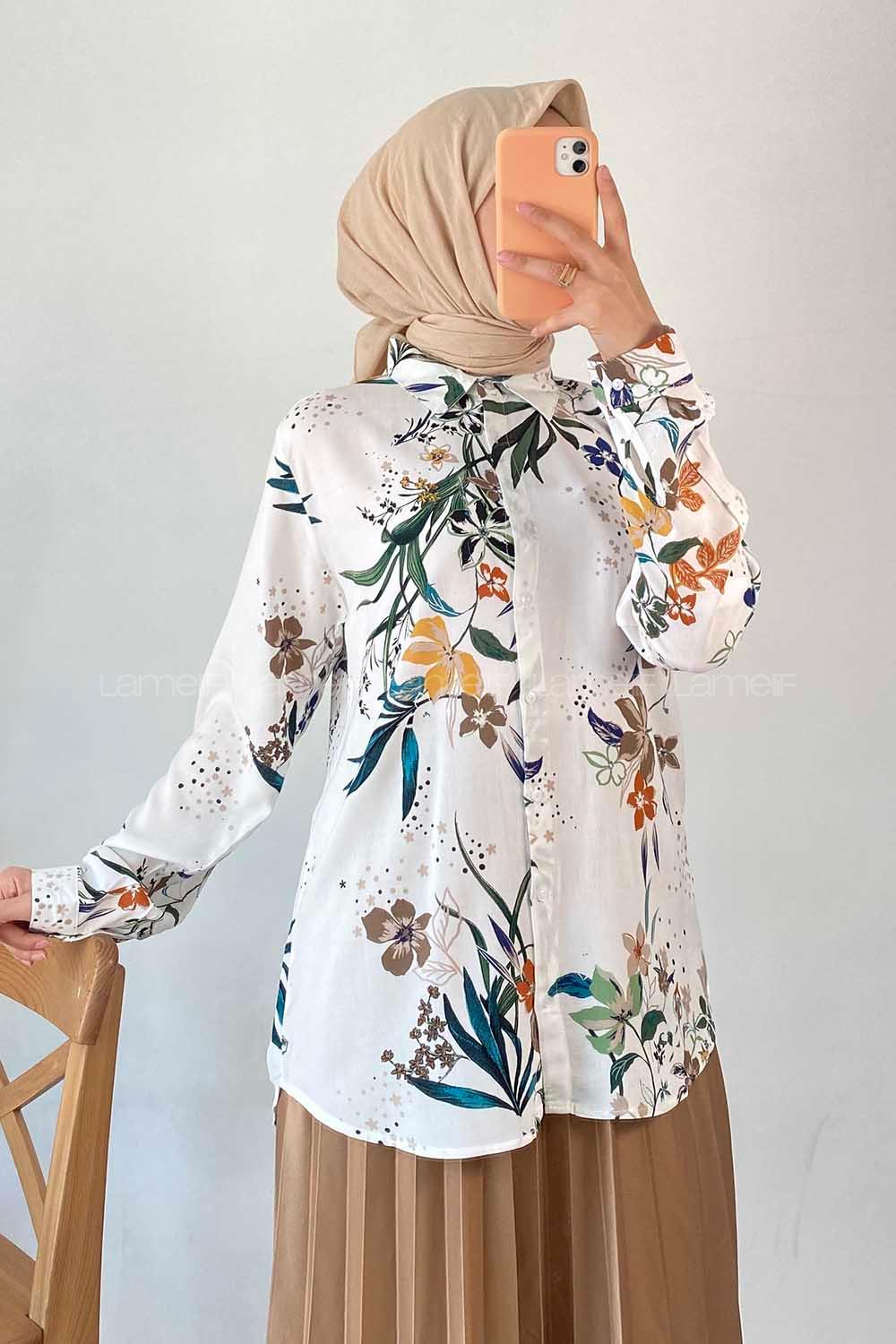 Modalamelif Çiçek Motifli Önü Boydan Düğmeli Gömlek Ekru