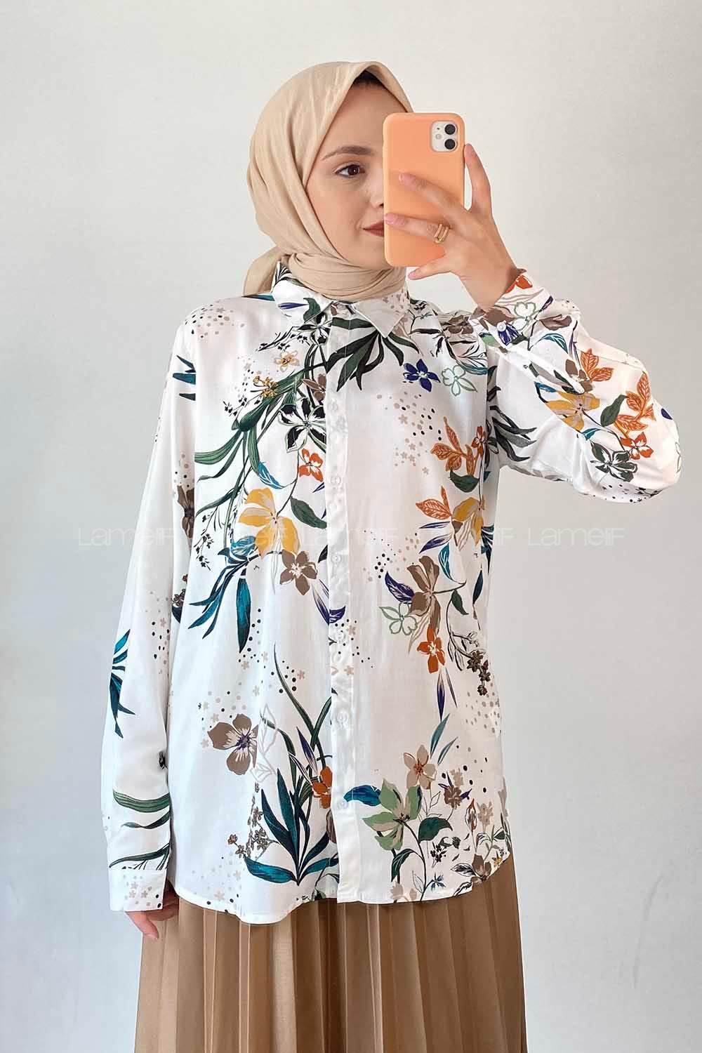 Modalamelif Çiçek Motifli Önü Boydan Düğmeli Gömlek Ekru