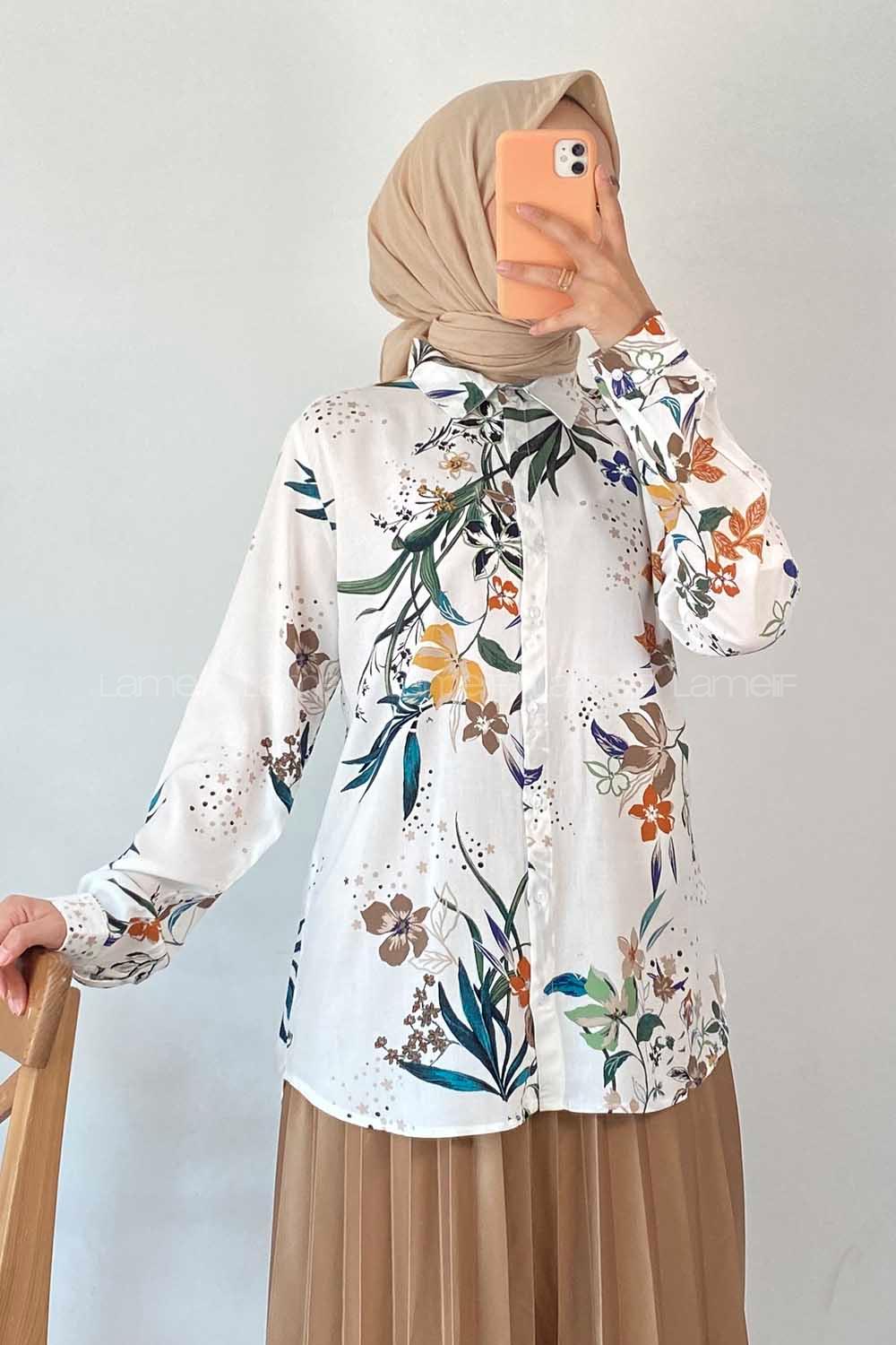 Modalamelif Çiçek Motifli Önü Boydan Düğmeli Gömlek Ekru