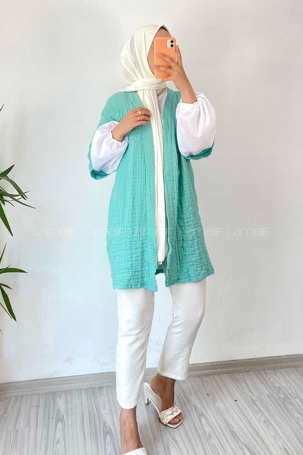 Modalamelif Gofre Kısa Kollu Kimono Çağla Yeşili