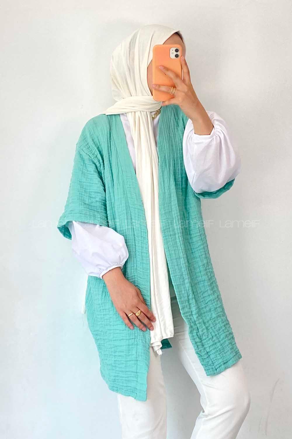 Modalamelif Gofre Kısa Kollu Kimono Çağla Yeşili