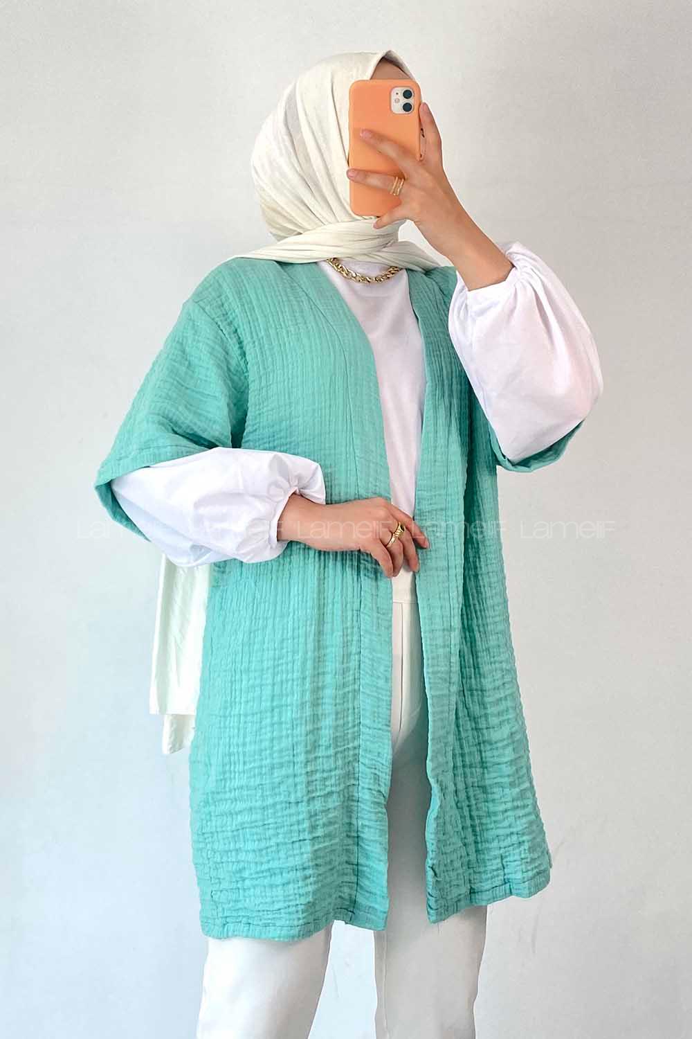 Modalamelif Gofre Kısa Kollu Kimono Çağla Yeşili